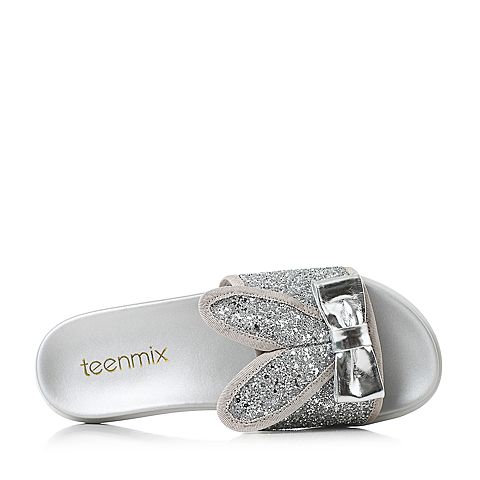 Teenmix/天美意夏季专柜同款银色亮片布/漆皮牛皮时尚休闲女拖鞋AM78DBT6