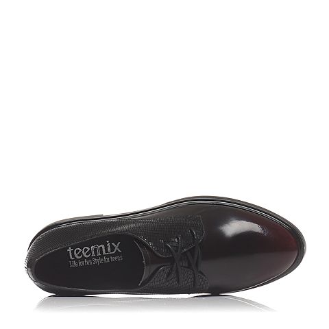 Teenmix/天美意春季专柜同款酒红/黑色光面擦色小牛皮女单鞋6U120AM7