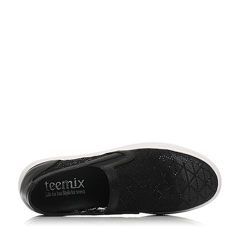 Teenmix/天美意春季专柜同款黑色牛皮/织物女单鞋6W721AM7
