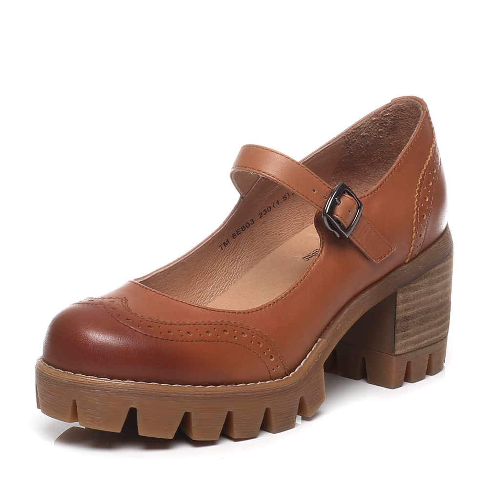 Teenmix/天美意春季专柜同款棕色牛皮女单鞋6E803AQ7