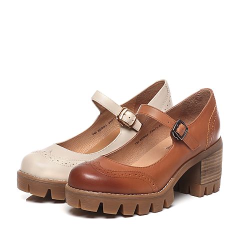 Teenmix/天美意春季专柜同款棕色牛皮女单鞋6E803AQ7