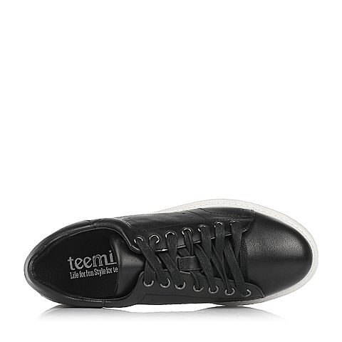 Teenmix/天美意春专柜同款黑色牛皮平跟系带鞋女休闲鞋6V120AM7