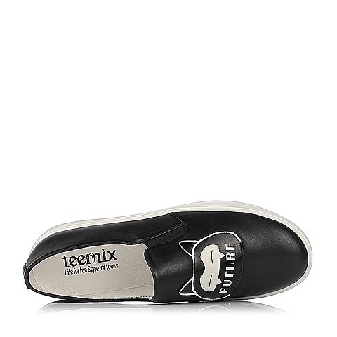 Teenmix/天美意春专柜同款黑/白色牛皮卡通图案平跟乐福鞋女休闲鞋6W625AM7