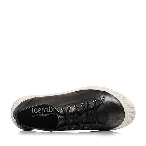 Teenmix/天美意春专柜同款黑银色擦色牛皮平跟系带鞋女休闲鞋6T720AM7