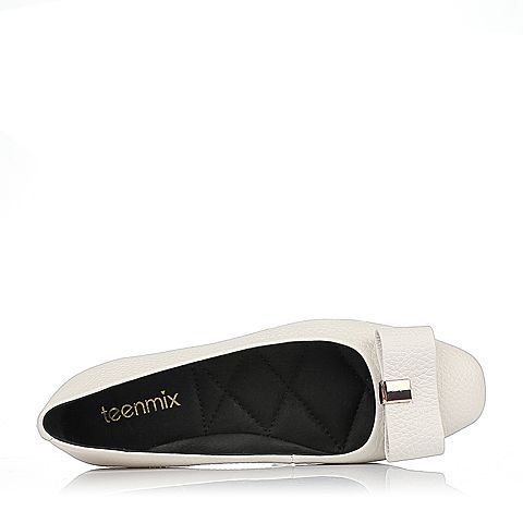 Teenmix/天美意春专柜同款米白色牛皮蝴蝶结平跟浅口女单鞋AO461AQ7