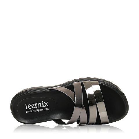 Teenmix/天美意夏专柜同款灰/银色山羊皮时尚厚底女拖鞋6X603BT7