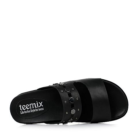 Teenmix/天美意夏黑色牛皮时尚铆钉锯齿跟女拖鞋6X402BT7
