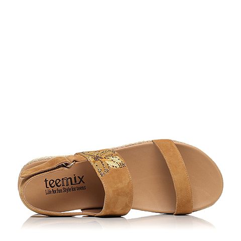 Teenmix/天美意夏专柜同款棕色羊绒皮精美花朵女凉鞋6W901BL7