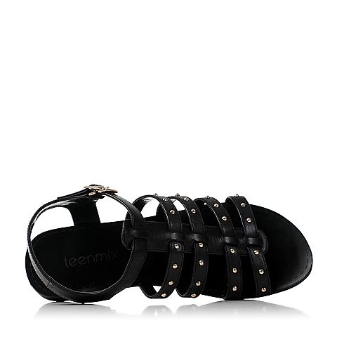 Teenmix/天美意夏黑色擦色牛皮时尚铆钉罗马风格女凉鞋6Z703BL7