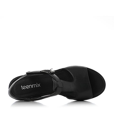 Teenmix/天美意夏黑色牛皮时尚复古T型带女凉鞋T8852BL7