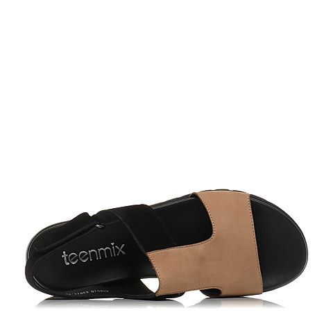 Teenmix/天美意夏专柜同款杏黑色牛皮时尚撞色舒适平跟女凉鞋AO901BL7