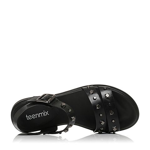 Teenmix/天美意夏专柜同款黑色牛皮朋克风铆钉方跟女凉鞋AO931BL7