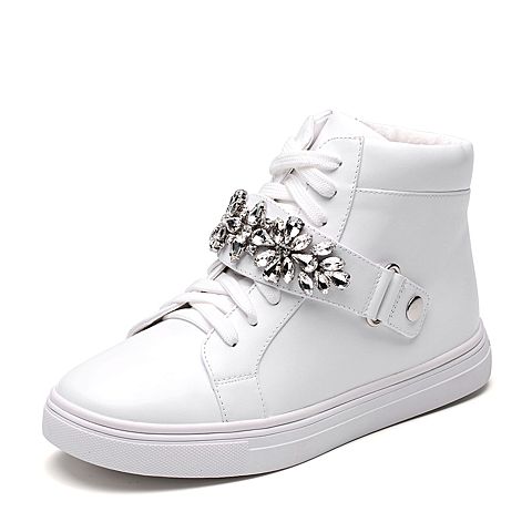 Teenmix/天美意冬专柜同款白色牛皮时尚钻饰平跟女短靴6U542DD7