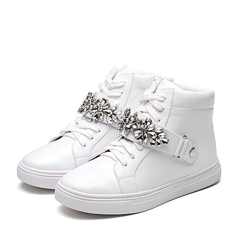 Teenmix/天美意冬专柜同款白色牛皮时尚钻饰平跟女短靴6U542DD7