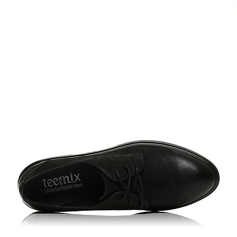 Teenmix/天美意秋黑色珠光牛皮简约帅气方跟系带鞋女单鞋6U123CM7