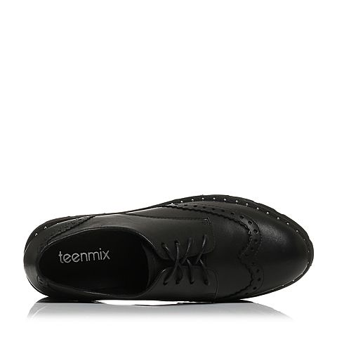 Teenmix/天美意秋黑色油蜡牛皮布洛克英伦风方跟系带鞋女单鞋0178DCM7