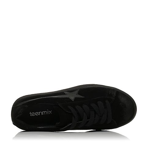 Teenmix/天美意秋黑色牛剖层皮率性平跟系带鞋女休闲鞋0306DCM7