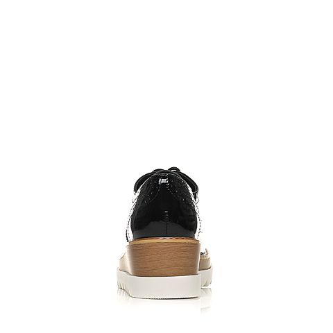 Teenmix/天美意秋专柜同款黑色漆牛皮英伦风松糕布洛克鞋女单鞋6B420CM7