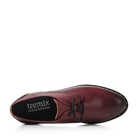 Teenmix/天美意秋专柜同款红色擦色牛皮方跟系带鞋女单鞋CAT20CM7