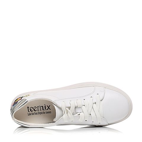 Teenmix/天美意秋专柜同款白/银色牛皮甜美花朵系带鞋女单鞋6U52TCM7