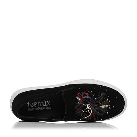Teenmix/天美意秋专柜同款黑色羊绒皮精美刺绣乐福鞋女休闲鞋6U524CM7