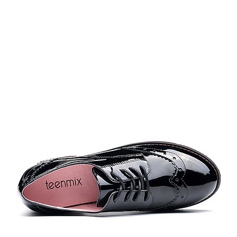 Teenmix/天美意春黑色牛皮布洛克英伦风系带鞋女单鞋AK882AM7