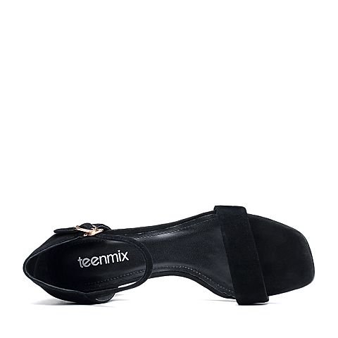 Teenmix/天美意夏黑色羊皮时尚珠饰优雅粗跟女凉鞋B1097BL7