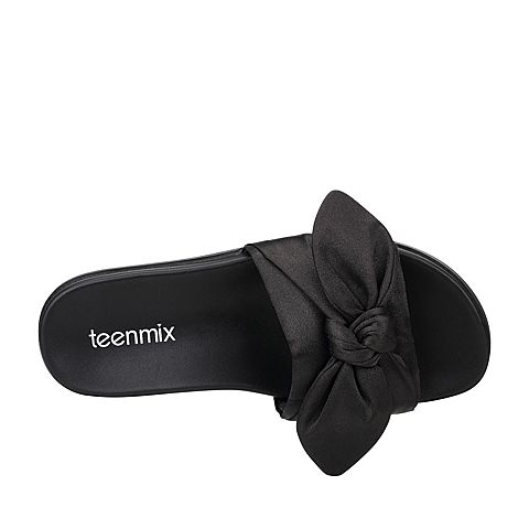Teenmix/天美意夏黑色纺织品时尚蝴蝶结舒适休闲女拖鞋J1619BT7