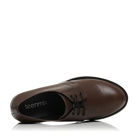 Teenmix/天美意秋专柜同款咖啡色牛皮粗跟系带鞋女单鞋AP371CM7