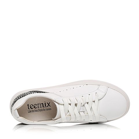 Teenmix/天美意秋专柜同款白色牛皮钻饰系带鞋女休闲鞋6U525CM7