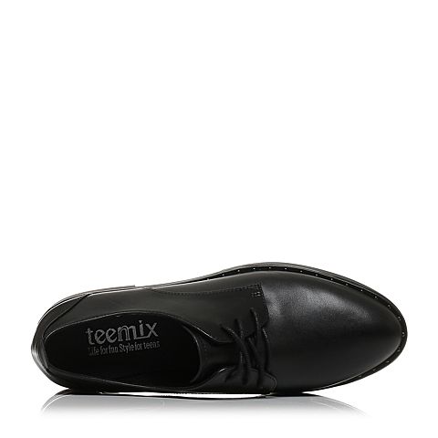 Teenmix/天美意秋专柜同款黑色牛皮方跟系带鞋女单鞋CAT20CM7