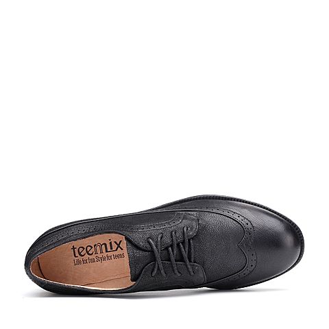Teenmix/天美意秋专柜同款黑色珠光牛皮方跟系带鞋女单鞋CAS20CM7