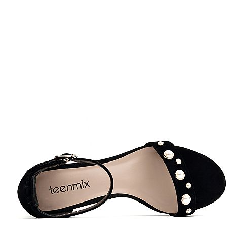 Teenmix/天美意夏专柜同款黑色羊绒皮珠饰一字带粗跟女凉鞋AP531BL7