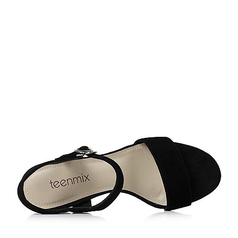Teenmix/天美意夏黑色羊绒皮优雅粗跟简约一字带女凉鞋51002BL7