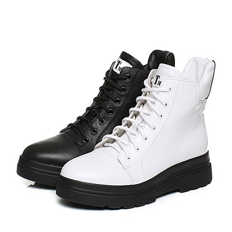 Teenmix/天美意冬季黑/白色牛皮字母条纹织带马丁靴女休闲靴CBA40DD7