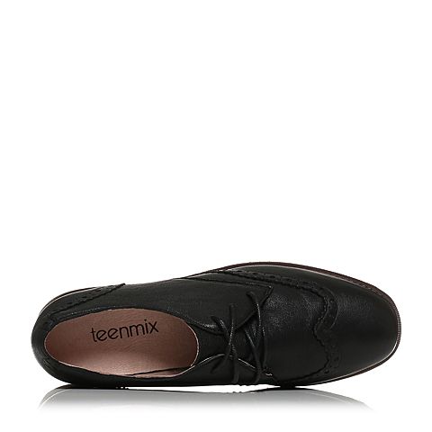 Teenmix/天美意秋黑色羊皮布洛克英伦风方跟系带鞋女单鞋76799CM7