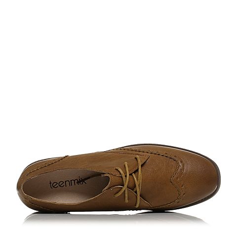 Teenmix/天美意秋棕色羊皮布洛克英伦风方跟系带鞋女单鞋76799CM7