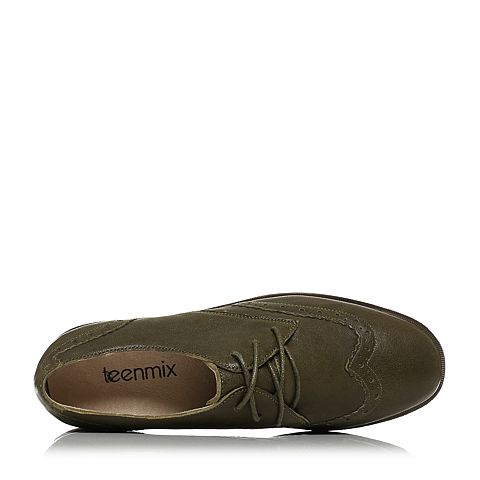 Teenmix/天美意秋军绿色羊皮布洛克英伦风方跟系带鞋女单鞋76799CM7
