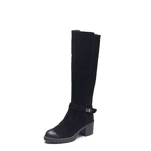 Teenmix/天美意冬专柜同款黑色二层牛皮皮带扣粗跟女长靴6D581DG7