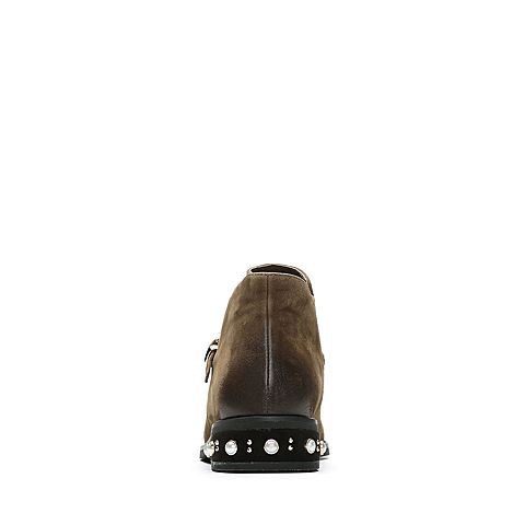 Teenmix/天美意冬季专柜同款绿色羊绒皮铆钉珠饰切尔西靴女靴CA542DD7