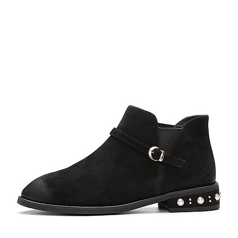 Teenmix/天美意冬季专柜同款黑色羊绒皮铆钉珠饰切尔西靴女靴CA542DD7