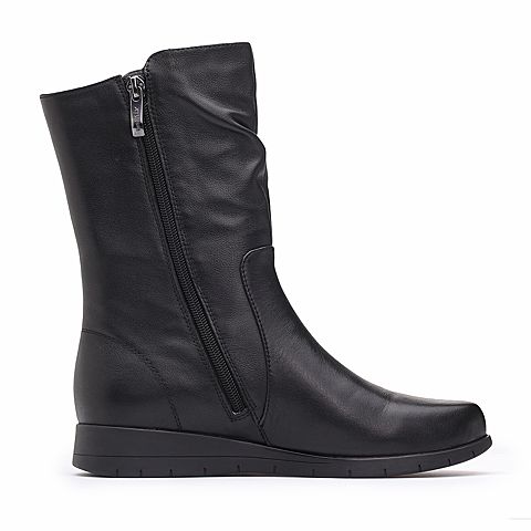 Teenmix/天美意冬专柜同款黑色牛皮流苏装饰平跟女靴CA661DZ7