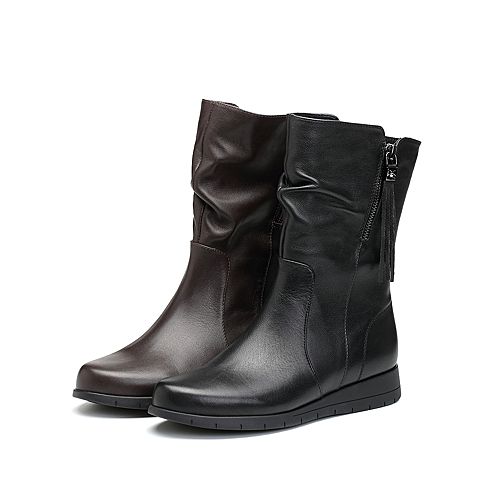 Teenmix/天美意冬专柜同款黑色牛皮流苏装饰平跟女靴CA661DZ7