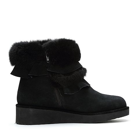 Teenmix/天美意冬专柜同款黑色二层牛皮/兔毛皮女靴(仿毛里)CAU40DD7