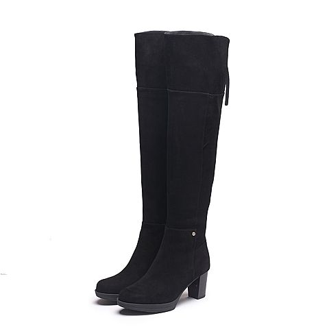 Teenmix/天美意冬专柜同款黑色羊绒皮粗跟过膝靴女超长靴CBT90DC7
