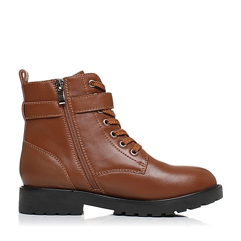 Teenmix/天美意冬棕色小牛皮时尚金属扣方跟马丁靴女靴B1670DZ7