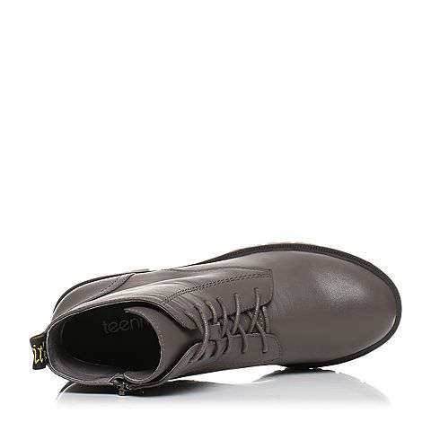 Teenmix/天美意冬灰色牛皮字母织带简约方跟马丁靴女靴15201DD7