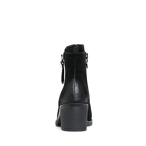 Teenmix/天美意冬专柜同款黑色牛剖层皮粗跟女短靴(绒里)AP891DD7