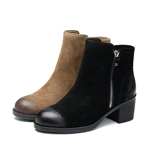 Teenmix/天美意冬专柜同款黑色牛剖层皮粗跟女短靴(绒里)AP891DD7
