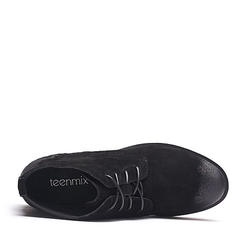 Teenmix/天美意冬专柜同款黑色牛剖层皮简约方跟女短靴AP871DD7
